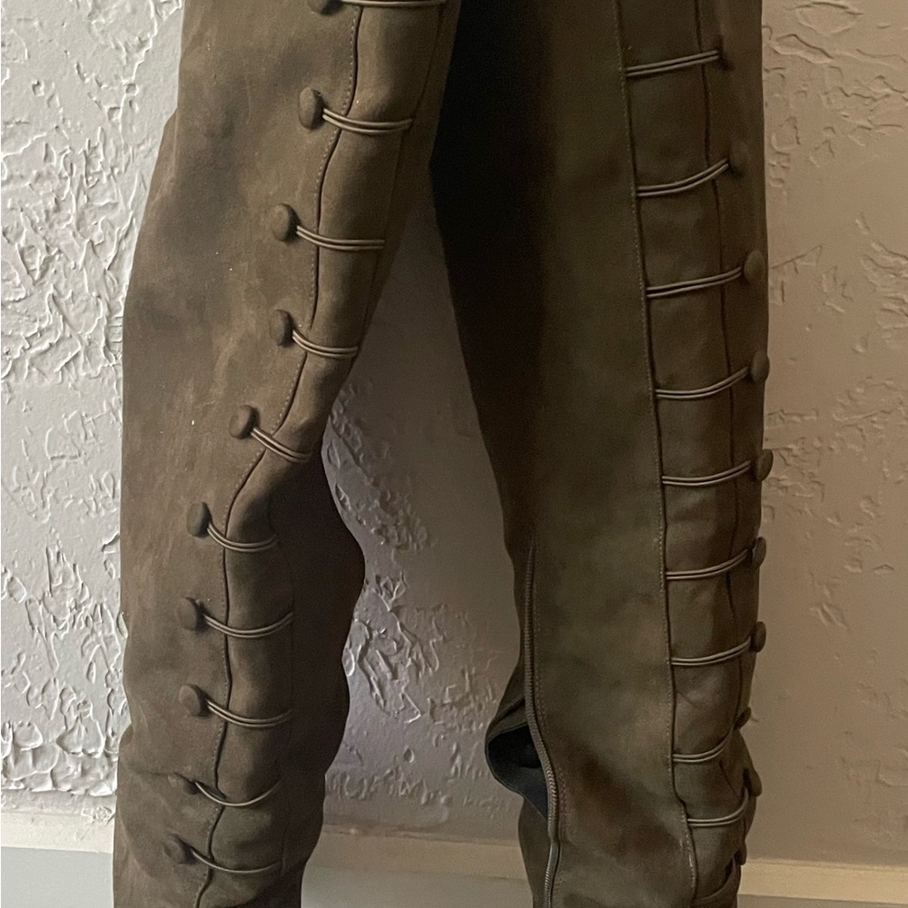 Shoe Dazzle Olive Green Over-the-knee heeled boots faux military-style buttons